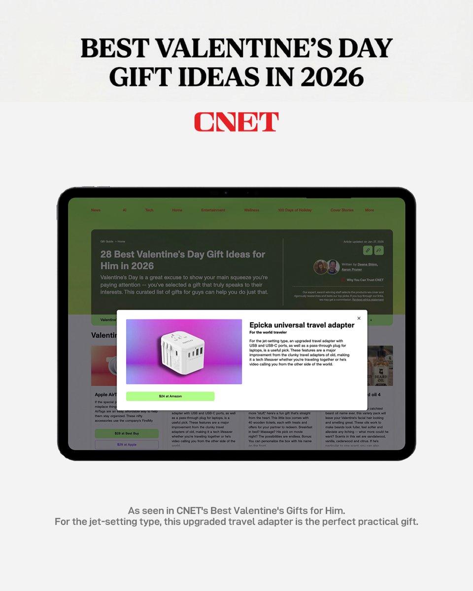 Epickatech's tweet image. Not sure what to get for Valentine’s Day?
Go with a gift you’ll actually use.

Featured by CNET as one of the Best Valentine’s Day Gift Ideas,
the Epicka Universal Travel Adapter is perfect for every trip you take together 🔌✈️

#epicka #ValentinesDayGift #TravelGift