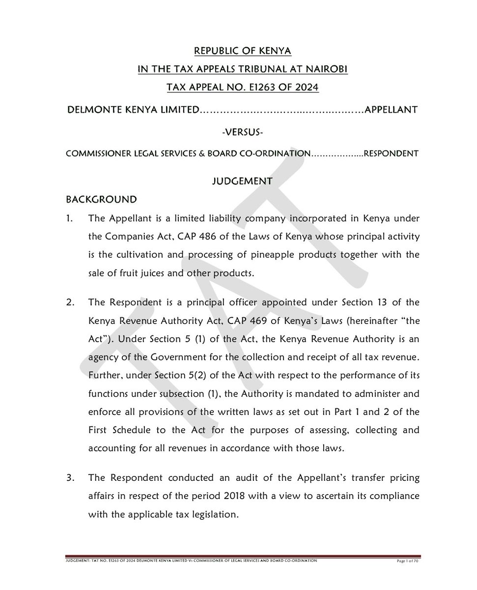 Thuranira_1's tweet photo. Del Monte Kenya has been ordered to pay KSh 1.76 billion  to the Kenya Revenue Authority (KRA) after the Tax Appeals Tribunal dismissed its appeal over transfer pricing. The tribunal found that the pineapple giant could not justify why it was shifting profits to offshore companies when the real value of the business is created in Kenya.

The judgment emphasized that Del Monte’s Thika-based farming and processing operations generate the bulk of the value  and therefore the profits must be taxed in Kenya. KRA’s 2018 audit revealed that Del Monte used a “cost-plus” pricing model that artificially reduced its Kenyan profits while favoring related foreign distributors.

The tribunal also rejected Del Monte’s documentation, especially intercompany loans from its group finance arm, Del Monte Fund BV, saying they lacked real commercial substance.

The court held that Multinationals cannot use paperwork to “export” profits when the actual work, risks, and value addition happen on Kenyan soil.