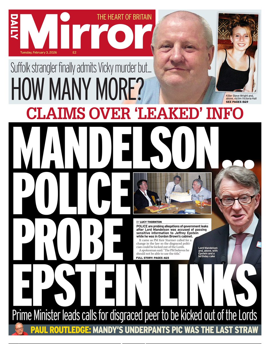 Angleterre. La police examine des allégations de mauvaise conduite après que les #EpsteinFiles suggèrent que le pair travailliste Lord #Mandelson a transmis des informations gouvernementales au délinquant sexuel #JeffreyEpstein. #Epstein