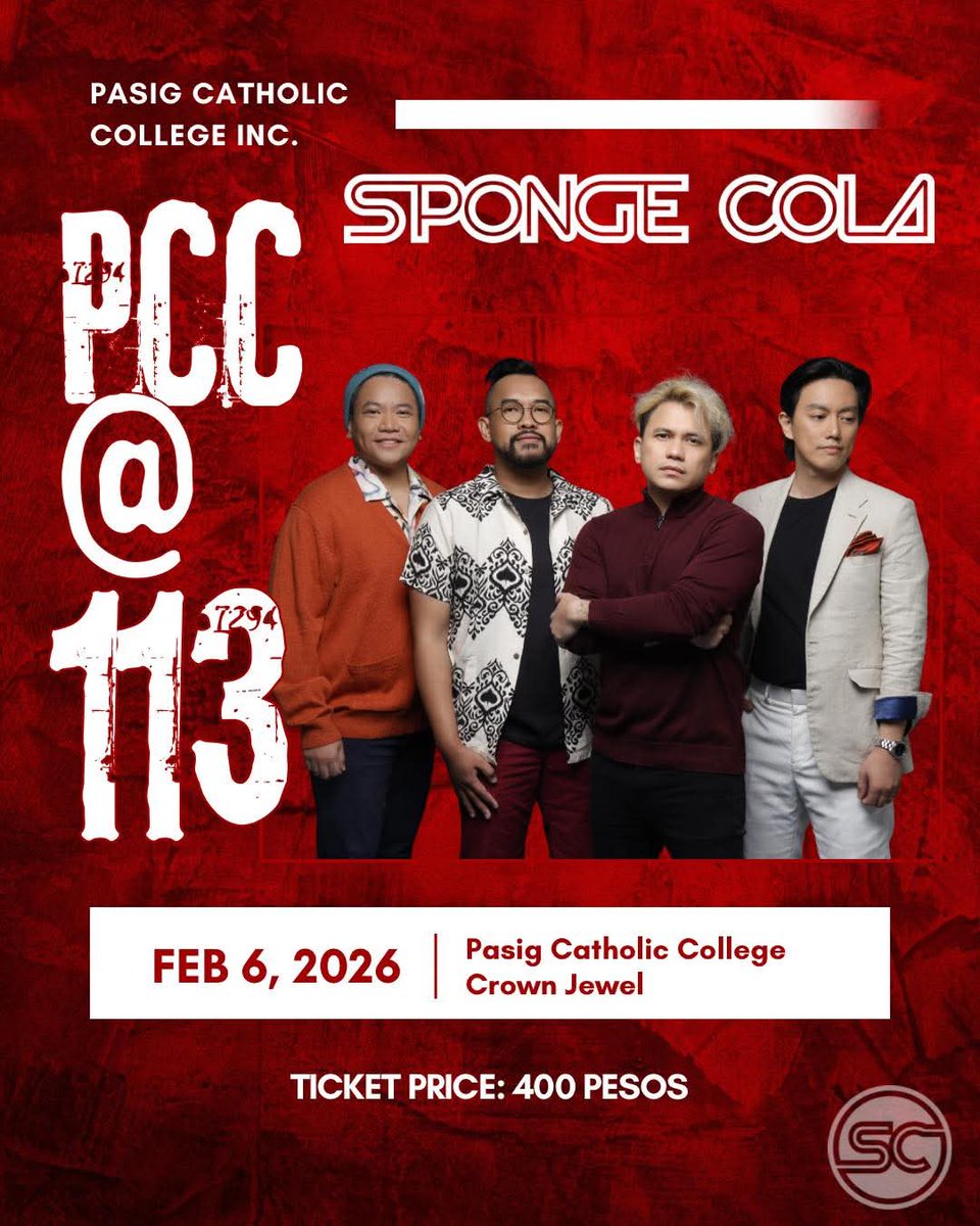 sclcclub2's tweet photo. Reposting from @SpongeColaPH
#SpongeCola 
See you, Pasig Catholic College at your 113th Founding Anniversary celebration! 

PCC@113 on Feb 6, 2026, 6:00 PM at the PCC Crown Jewel. We can’t wait to party with you! https://t.co/NJi2F84WSx