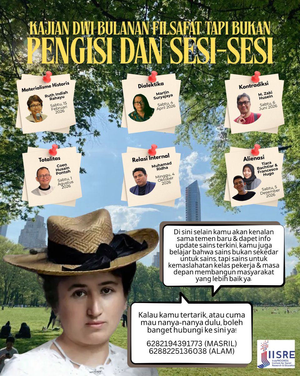 Yang tertarik mengikuti Kelas Filsafat IndoPROGRESS Institute for Social Research and Education (IISRE), silakan daftar di link ya. 
- 6 kelas: Rp. 150.000
- 1 kelas: Rp. 50.000
