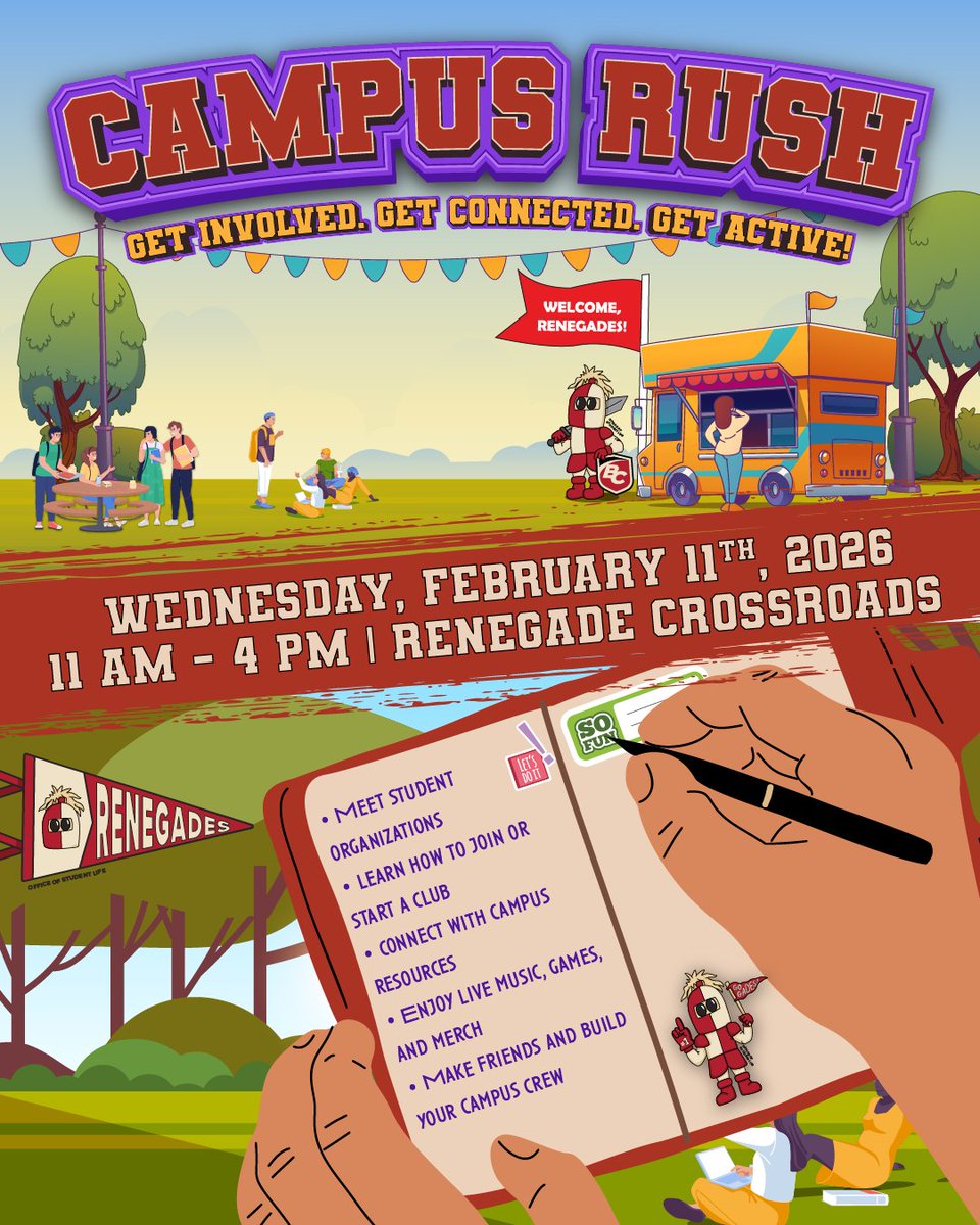 Campus Rush is almost here! 🎉
Meet student orgs, learn how to join or start a club, grab merch, enjoy games &amp; music, and connect with campus resources all with Ronny cheering you on 💜
#CampusRush #StudentLife #GetInvolved #Renegades #CollegeClubs #CampusEvents #BCStudents