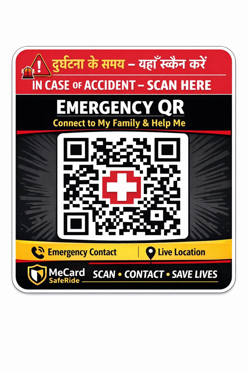 Me_CardIndia's tweet photo. 🚨 A simple QR sticker could save a life.
Scan → Connect → Get help fast.
MeCard Emergency QR enables instant access to family, company &amp; emergency services.
#EmployeeSafety #EmergencyQR #RoadSafety #DigitalID #MeCard https://t.co/ZXpmg1bMre