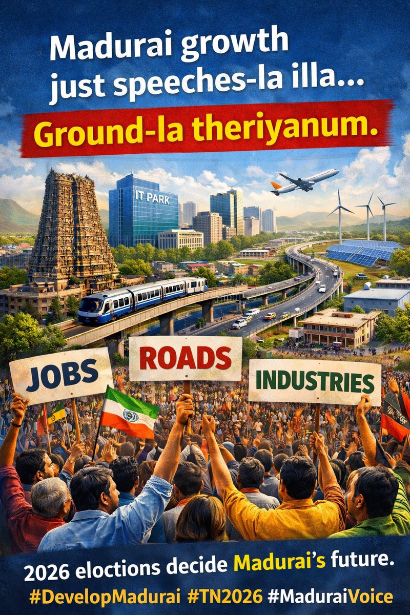 RajaAfik89773's tweet photo. Madurai growth just speeches-la illa…
Ground-la theriyanum.

Jobs. Roads. Industries.
2026 elections decide Madurai’s future.
@mkstalin @KanimozhiDMK @TVKVijayHQ @ptrmadurai 
#DevelopMadurai #TN2026 #MaduraiVoice https://t.co/phbYoE7y27