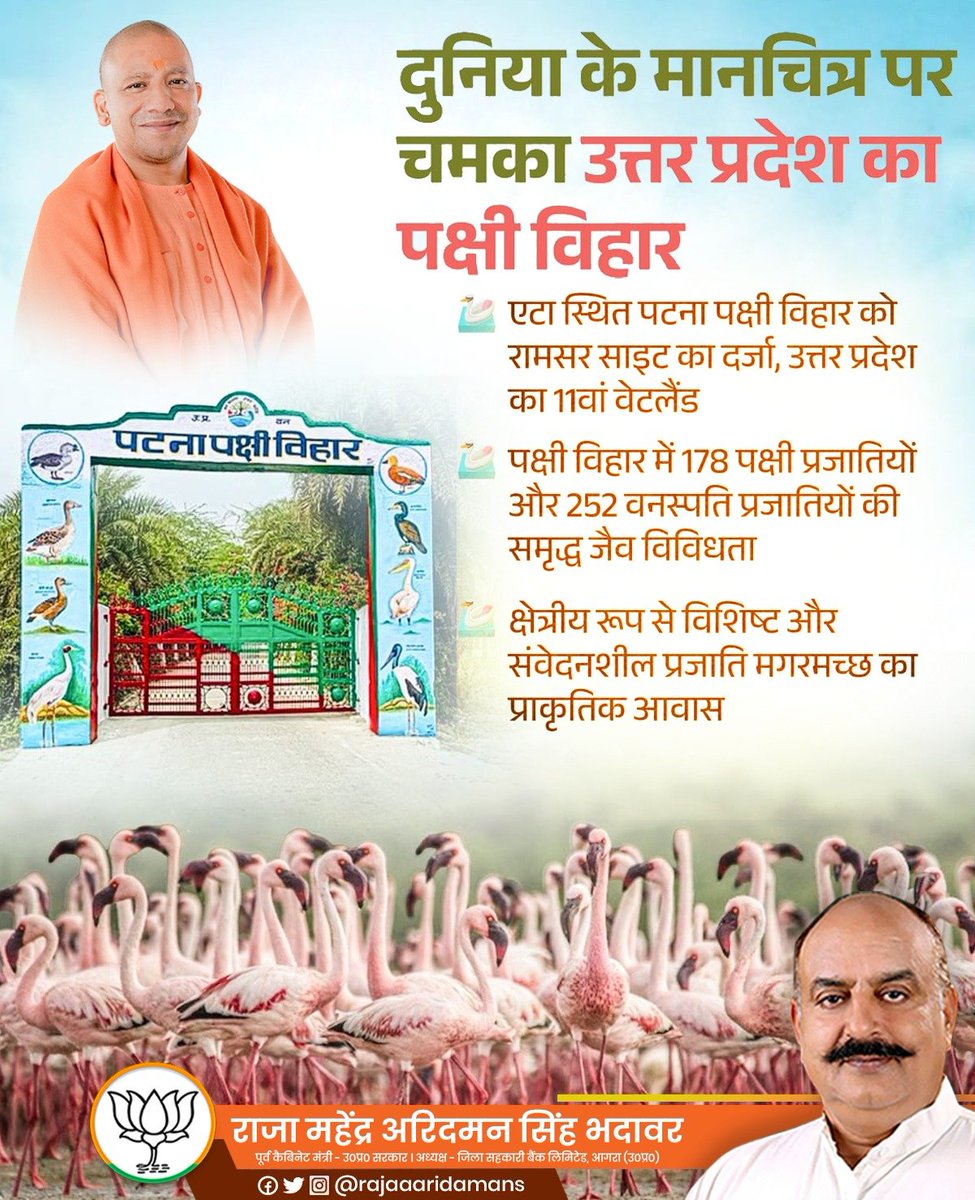 उत्तर प्रदेश के एटा स्थित पटना पक्षी विहार को रामसर साइट का दर्जा मिलना प्रदेश के लिए एक महत्वपूर्ण पर्यावरणीय उपलब्धि है। 

इसके साथ ही यह उत्तर प्रदेश का 11वां अंतरराष्ट्रीय महत्व का वेटलैंड बन गया है।