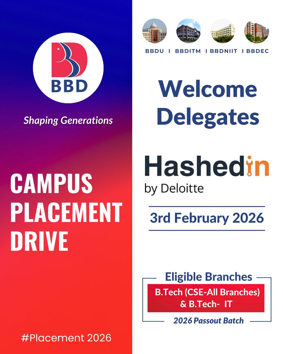 BBD_UNIVERSITY's tweet photo. A new chapter begins where talent meets opportunity ✨
BBD proudly welcomes HashedIn by Deloitte for the Campus Placement Drive, empowering our 2026 batch to step confidently into the corporate world. 🚀
#Placement2026 #BBDUniversity #CampusPlacementDrive #HashedInByDeloitte https://t.co/AfbTUJtZMC