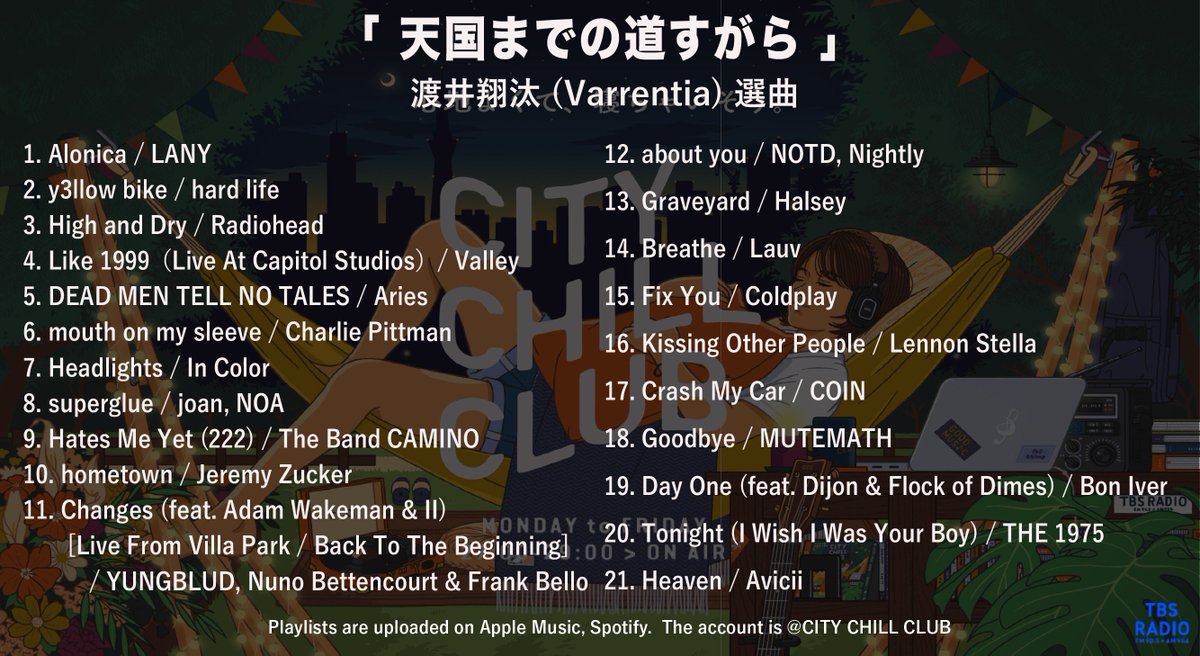 【プレイリスト公開】

CCC 2月2日(月)O.A. 

渡井翔汰(Varrentia) 選曲
「天国までの道すがら」

プレイリストを公開しました☁️

▽Apple Music
music.apple.com/jp/playlist/%E…

▼Spotify
open.spotify.com/playlist/6YUxe…

#CCC905 #tbsradio