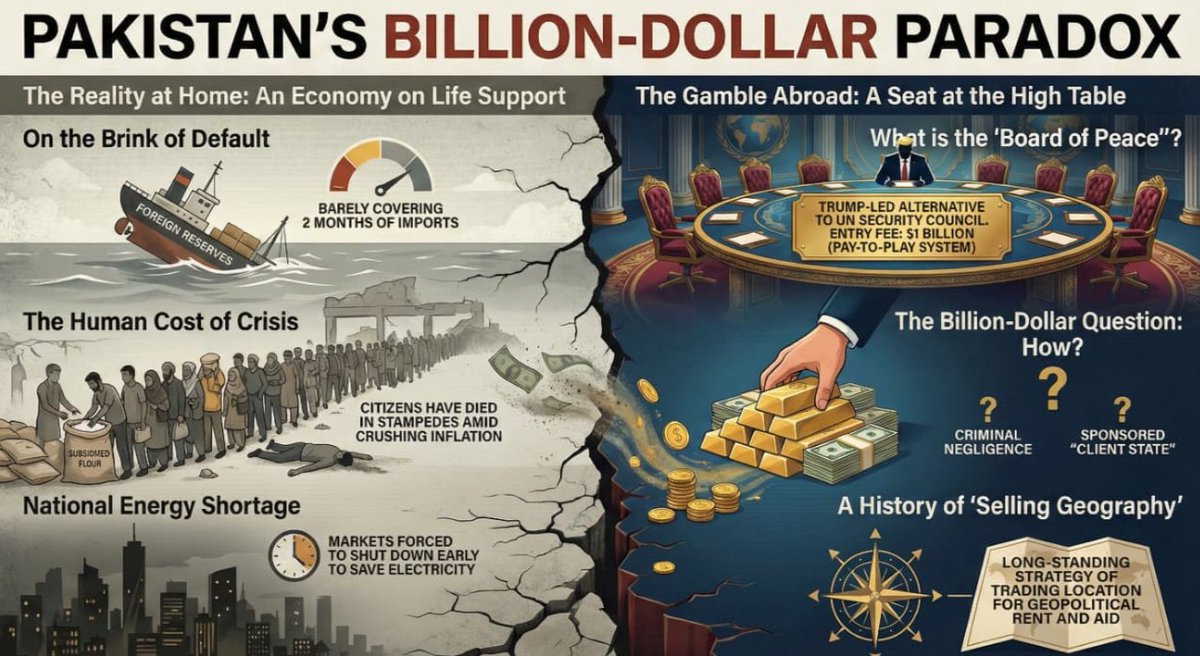 Suchetasin's tweet image. Pakistan's economy crumbling: Default brink, reserves barely cover 2 months imports, stampedes killing citizens amid inflation &amp;amp; energy blackouts. Yet chasing a $1B seat in Trump's 'Board of Peace'? Geopolitical gambling while people suffer. #PakEconomicRegression