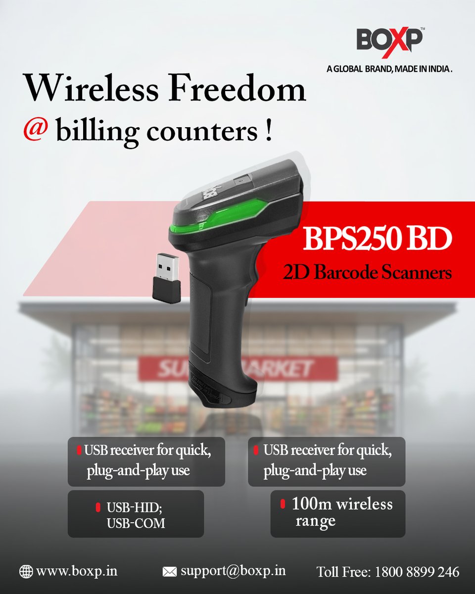 Boxpush024's tweet image. BOXP #BPS250 BD #2DBarcodeScanner, built to keep checkout lines moving faster and smoother. 

No cables. No clutter. Just consistent performance.

🌐 boxp.in | ✉️ support@boxp.in | 📞 1800 8899 246

 #WirelessScanner #BarcodeScanner #RetailBilling #BillingCounters
