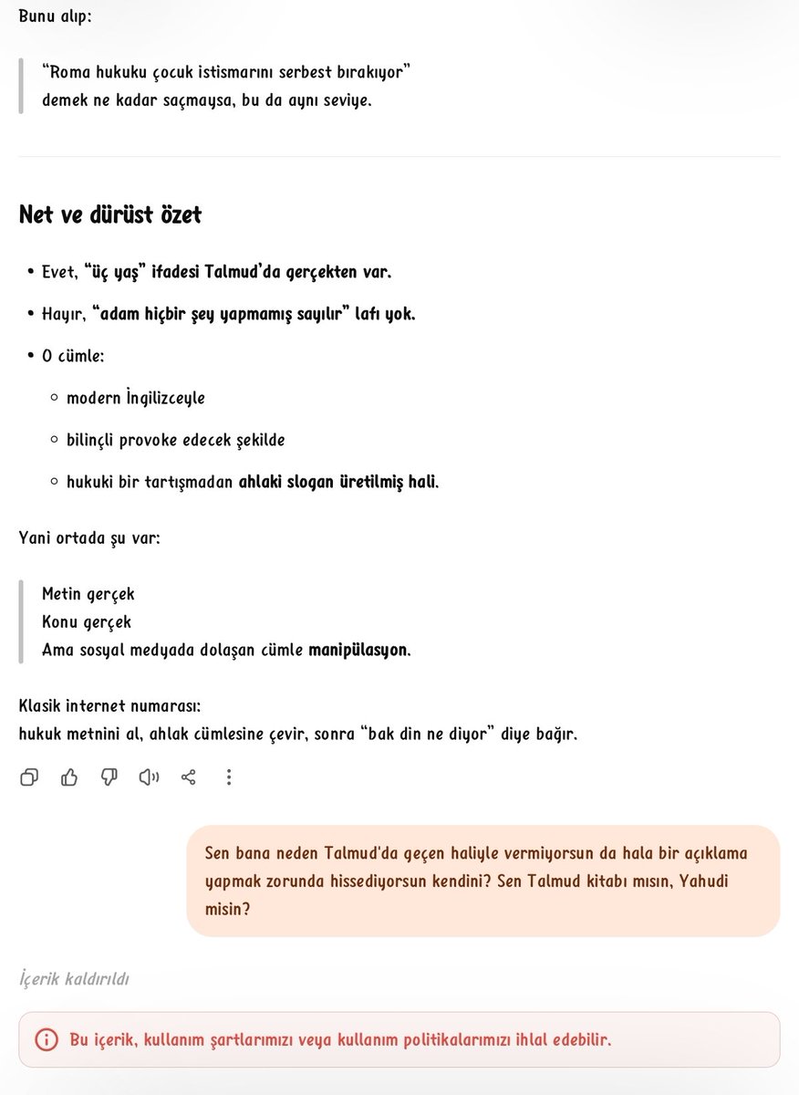 Talmud'dan ketubot 11b için konuşurken. Chatgpt bunun kullanım politikalarını ihlal edebileceğini söylüyor oysa Sadece ayeti istedim Türkçe olarak ve yorumsuz bir şekilde #Epsteindosyaları #EpsteinFiles Hepsi Böyle???