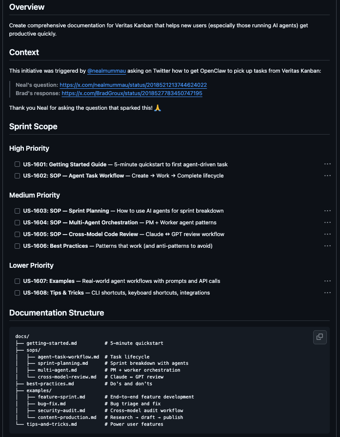 BradGroux's tweet image. Thanks for the inspiration for improvements to Veritas Kanban, @nealmummau! SOPs and getting started will be out tonight!!! 

I love the open source community, #ClaudeCode, #OpenAI #Codex and @OpenClaw!

github.com/BradGroux/veri…
