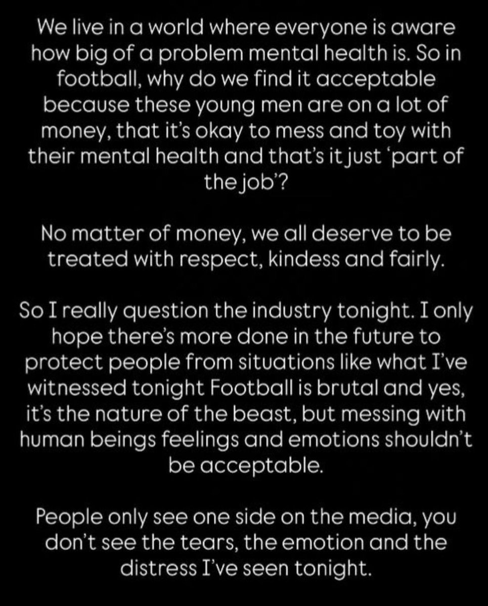 Dwight McNeil’s girlfriend on Instagram last night. 

“To have something promised to you, be dragged along an emotional rollercoaster, and to be toyed with until the final minute.”

“To have four and a half years of your life promised to you, travelling, medicals, agreements
