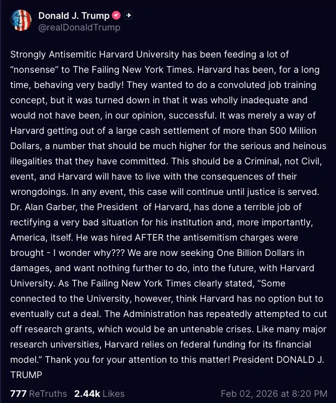 Unbelievable.

The Epstein files just dropped. 3 million pages of untold horrors. And Trump's priority tonight? Posting about "antisemitism" at Harvard. 

A man who just said the DOJ has "other things to do" than investigate Epstein - suddenly has time for this.