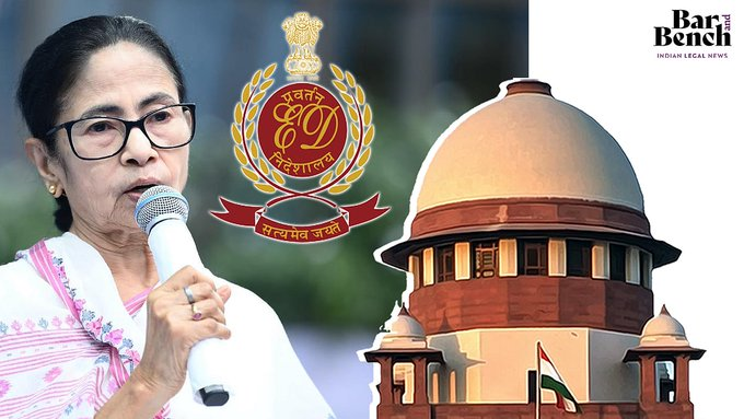 Hbarandbench's tweet image. सुप्रीम कोर्ट ED की याचिका पर सुनवाई करेगा जिसमें पश्चिम बंगाल मुख्यमंत्री ममता बनर्जी, DGP राजीव कुमार और अन्य पर पॉलिटिकल कंसल्टेंसी फर्म I-PAC के दफ्तर और इसके को-फाउंडर प्रतीक जैन के घर पर एजेंसी की हालिया तलाशी में बाधा डालने का आरोप लगाया गया है। #Ipac #SupremeCourtofIndia