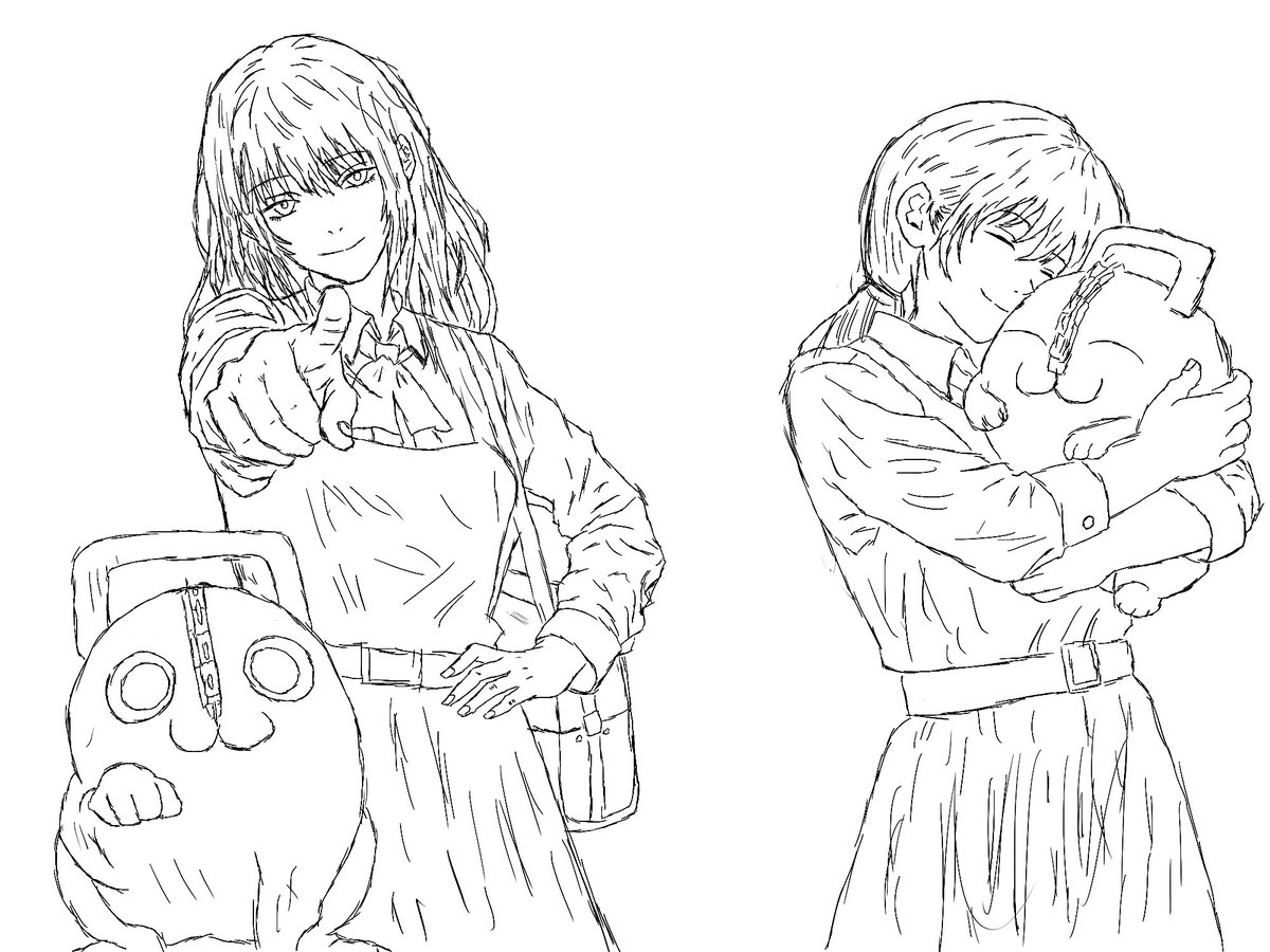 Ryuuujiinn_'s tweet image. Asa and Pochita (I’m still learning how to do her hair down…) 

#asamitaka #pochita