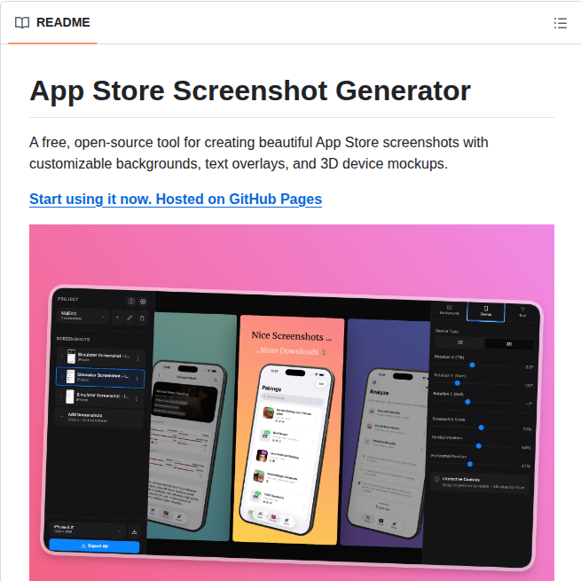 tom_doerr's tweet photo. Generates App Store screenshots with 3D device mockups

https://t.co/guzODTK2F9 https://t.co/yYQmQxHJQX