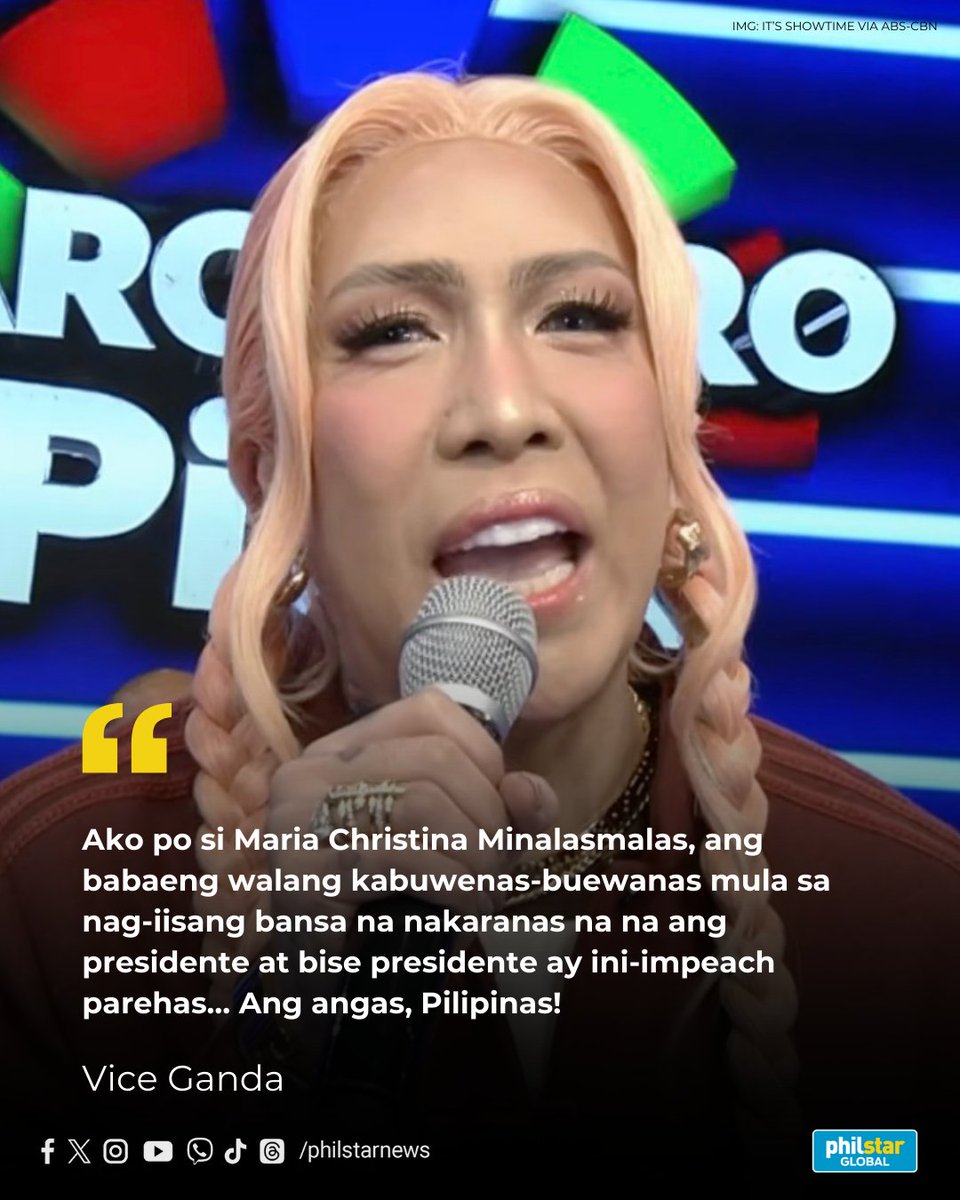 PhilstarNews's tweet image. VICE GANDA JABS AT IMPEACHMENT DRAMA

Vice Ganda had audiences laughing on “It’s Showtime” today, February 3, with a funny, pageant-style intro that didn’t shy away from poking fun at the country’s current political drama.

“Mula sa nag-iisang bansa na nakaranas na na ang…