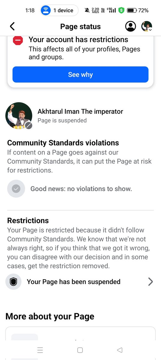 Faizanwer2002's tweet photo. @Meta Team My Page Akhtarul Iman The imperator was suspended, but my Page Quality shows no Community Standards violations I believe this is a mistake. This Page is used only for public awareness and social updates, not for hate, spam, or y content I kindly request you to review https://t.co/gDinummbEI