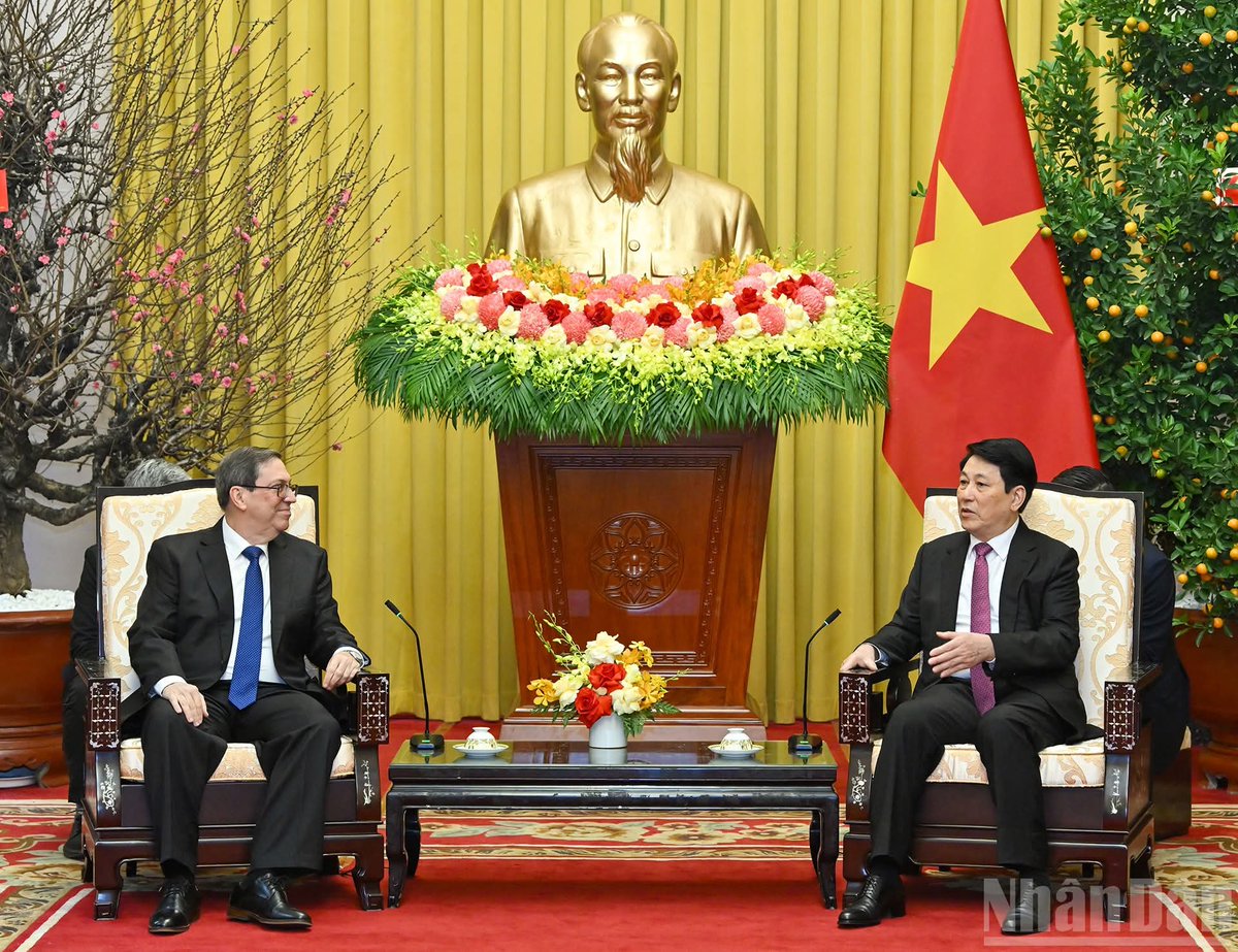 RPolancoF's tweet photo. En visita a #Vietnam, como enviado especial del Partido y el Gobierno cubanos, @BrunoRguezP es recibido por el presidente Luong Cuong.

En el intercambio se reafirmaron los lazos de solidaridad tradicional y los históricos vínculos entre #Cuba y #Vietnam. https://t.co/Flv9uQKLh7