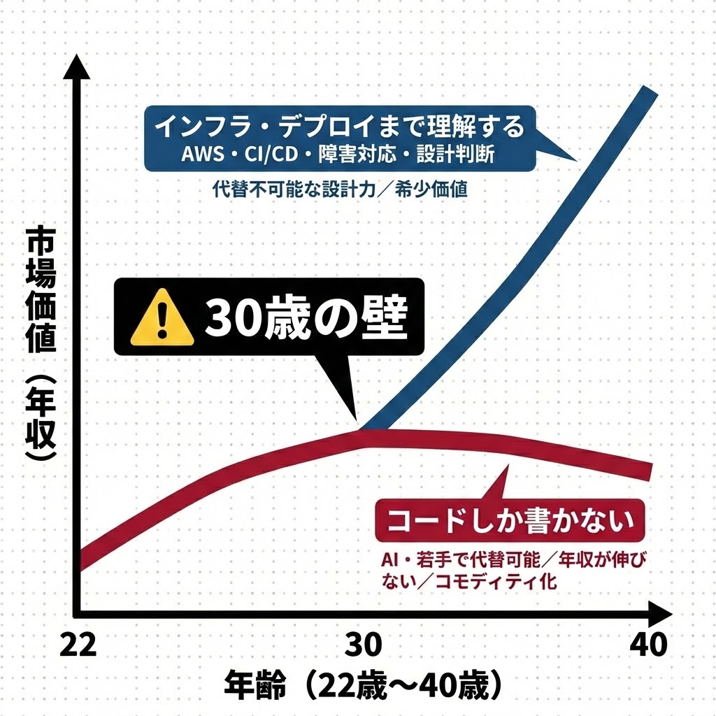 envader_plus's tweet image. 【30代で「コードしか書けない」は詰みです】

「機能実装終わりました！」
ドヤ顔で報告した直後、デプロイでエラーが出てフリーズした過去の私。「ローカルでは動いたんですけど...」と言い訳したら、インフラ担当に鼻で笑われました。あの時の惨めさは一生忘れません。…