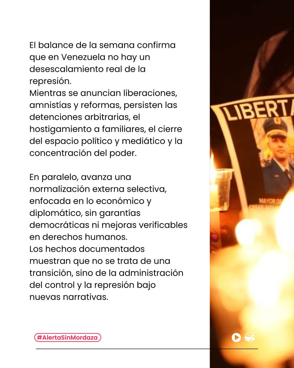 Sinmordaza's tweet photo. 🗞️¿Qué pasó realmente en Venezuela entre el 26-01 y el 01-02 ?

Mientras se habla de amnistía y “normalización”, la realidad muestra detenciones arbitrarias, hostigamiento a familias, cifras infladas y más de 90 centros de tortura activos. 
Infórmate aquí: https://t.co/7ZLiSiBUP2 https://t.co/RuwVvo1f3q