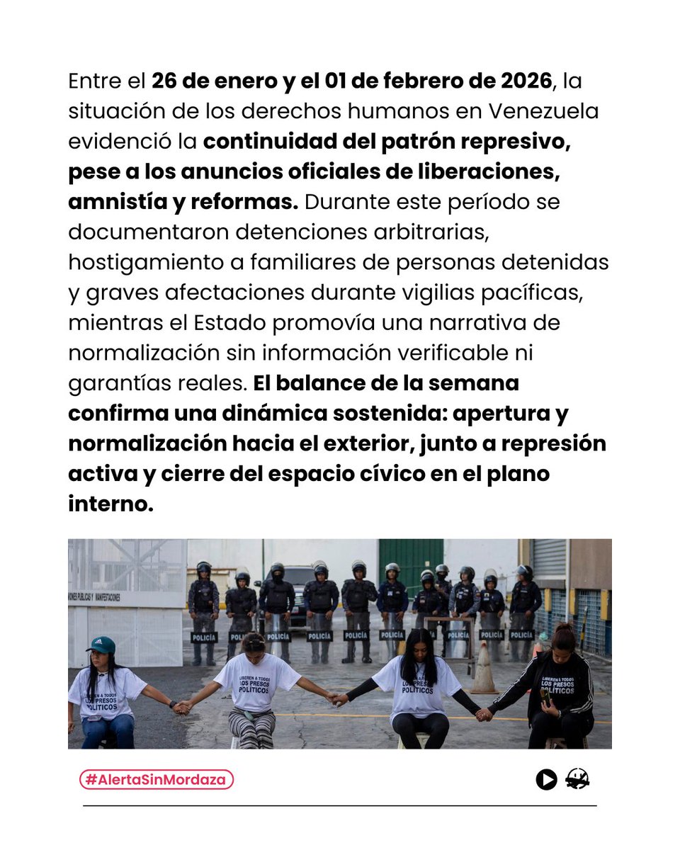 Sinmordaza's tweet photo. 🗞️¿Qué pasó realmente en Venezuela entre el 26-01 y el 01-02 ?

Mientras se habla de amnistía y “normalización”, la realidad muestra detenciones arbitrarias, hostigamiento a familias, cifras infladas y más de 90 centros de tortura activos. 
Infórmate aquí: https://t.co/7ZLiSiBUP2 https://t.co/RuwVvo1f3q