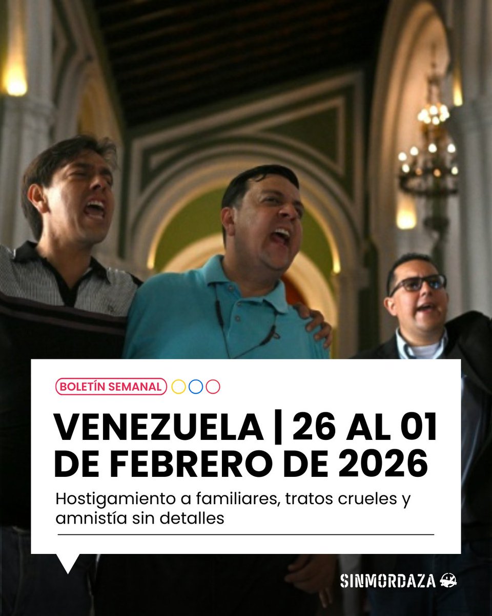 Sinmordaza's tweet photo. 🗞️¿Qué pasó realmente en Venezuela entre el 26-01 y el 01-02 ?

Mientras se habla de amnistía y “normalización”, la realidad muestra detenciones arbitrarias, hostigamiento a familias, cifras infladas y más de 90 centros de tortura activos. 
Infórmate aquí: https://t.co/7ZLiSiBUP2 https://t.co/RuwVvo1f3q