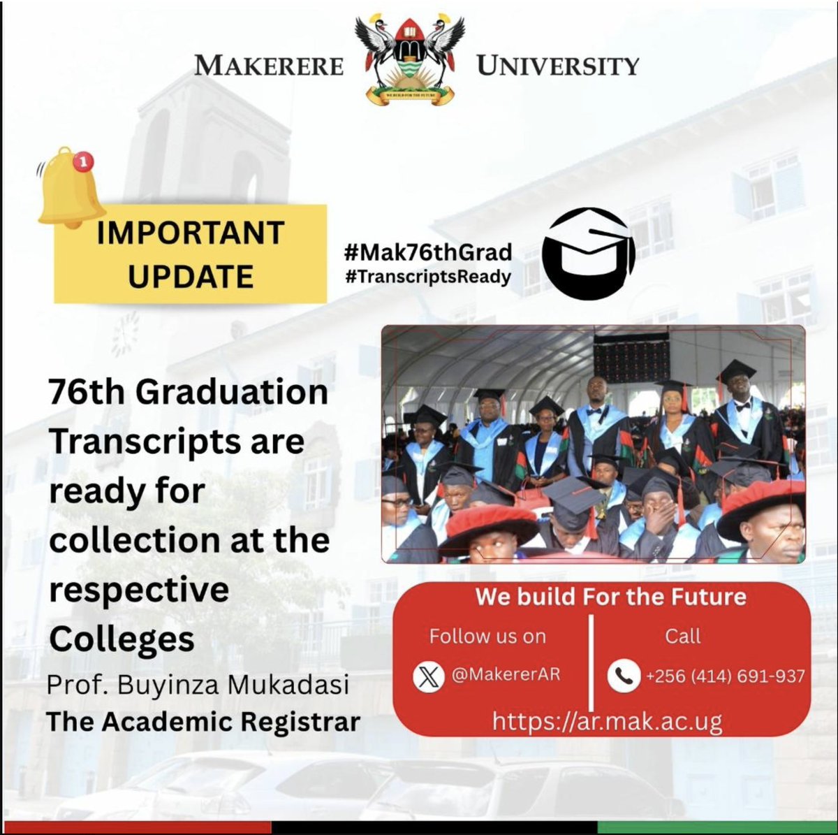 DICTSMakerere's tweet photo. To all @Makerere graduands, please be reminded of this important notice.
"Transcripts are ready for pick up at your respective colleges."
Incase of any inquiry reach out to @MakerereAR
#Transcripts #DICTS #Makerere #Mak76thGrad #AcademicRegistrar https://t.co/wqDiOd0893