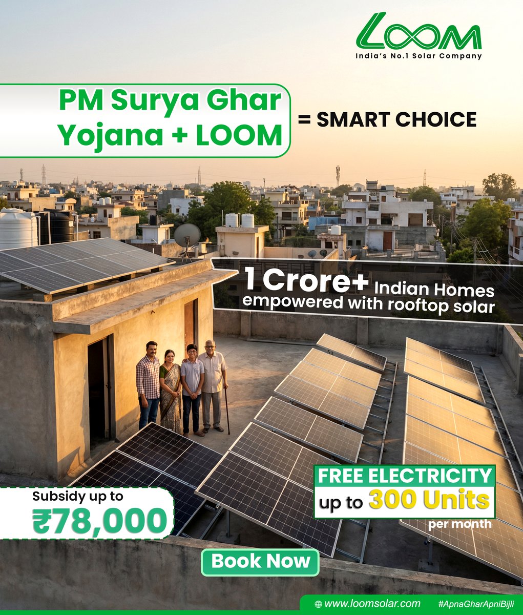 Go solar with Loom under PM Surya Ghar Yojana ☀️

💰 Subsidy up to ₹78,000
⚡ Free power up to 300 units/month
🌱 Lower bills, greener India
Make your home energy-smart today.
📞 8750778800 | 🌐 loomsolar.com

#PMSuryaGharYojana #GoSolar #RooftopSolar #LoomSolar