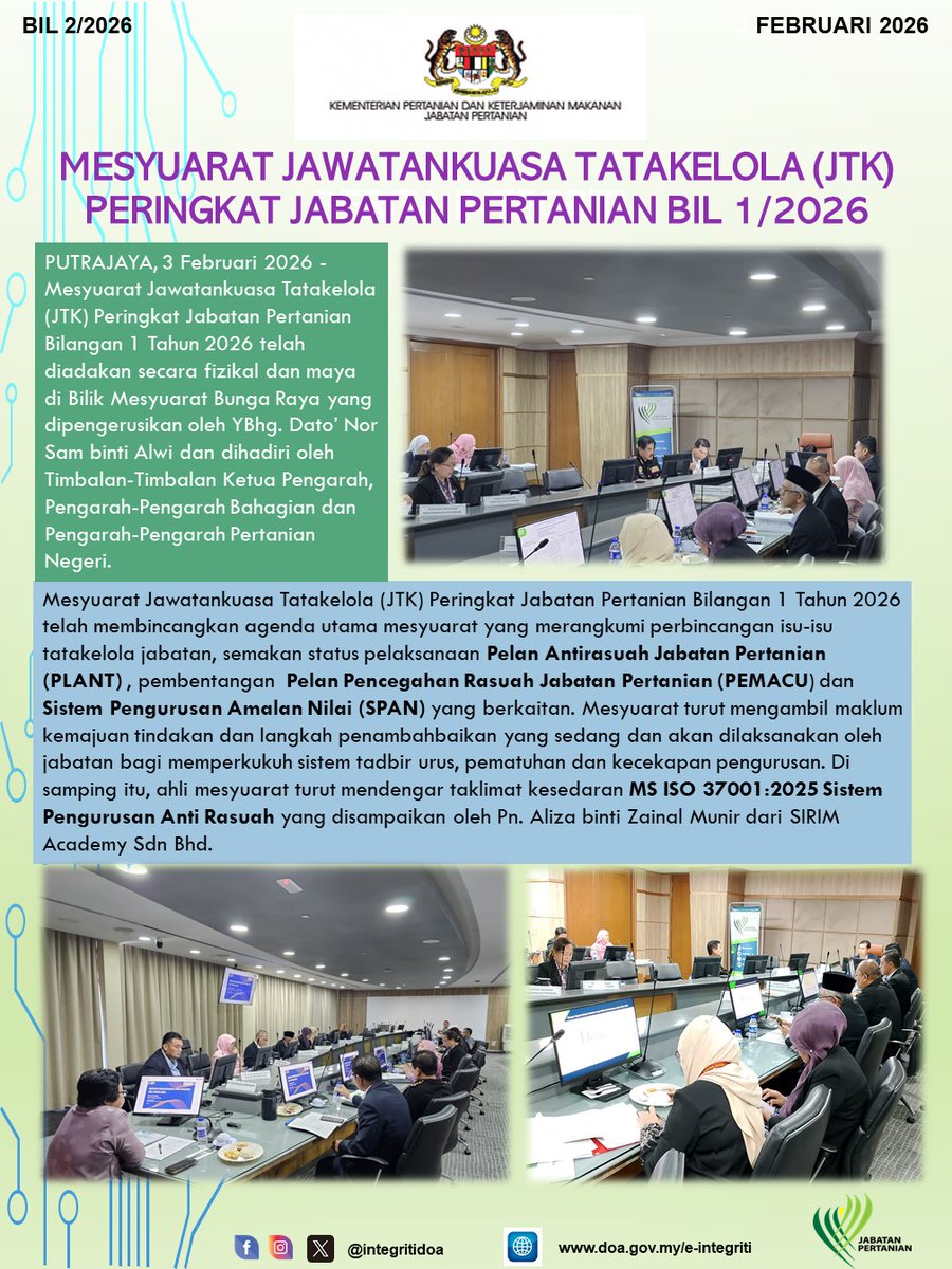 Integritidoa's tweet photo. Berita Integriti Bil. 1/2026 : Mesyuarat Jawatankuasa Tatakelola (JTK) Peringkat Jabatan Pertanian Bilangan 1 Tahun 2026 yang telah berlangsung pada 3 Februari 2026 bertempat di Wisma Tani, Putrajaya. https://t.co/gg99qBCHYH