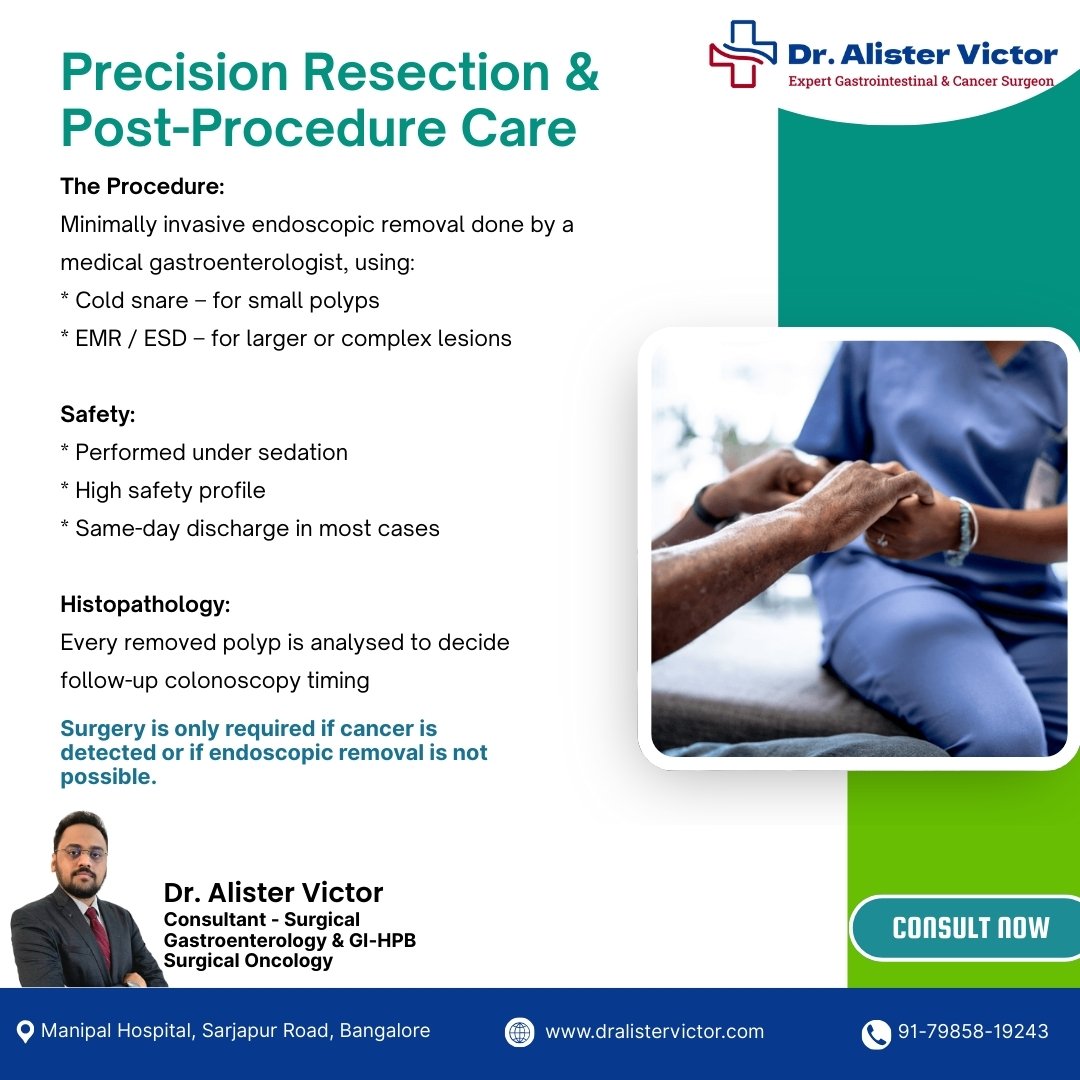 dralistervictor's tweet image. Most colorectal cancers arise from adenomatous polyps.
Screening colonoscopy + timely polypectomy can prevent cancer before it starts.
Surgery is needed only if cancer is detected or endoscopic removal isn’t possible.
#ColorectalCancer #Polypectomy #DrAlisterVictor