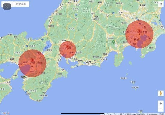fire_kinou's tweet photo. マジで実家がこの円の内側にあるだけで人生イージモード確定です。 https://t.co/KWH2Ci12cl