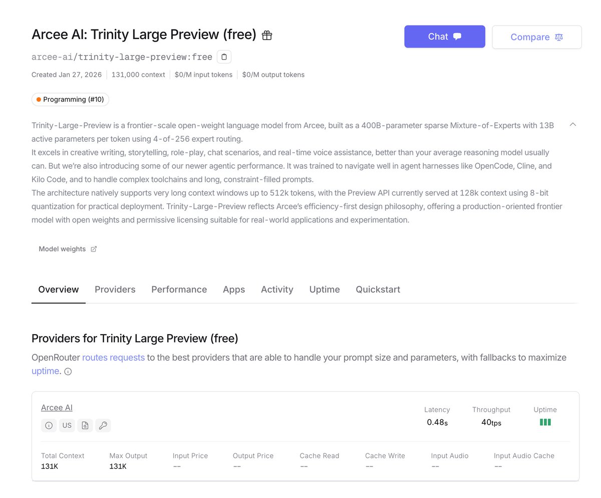 推荐 OpenRouter 上目前两个比较好用的 Free 模型和路由：

1. arcee-ai/trinity-large-preview:free，Arcee 的最新开源大语言模型，采用 400B 参数的稀疏混合专家架构，每 token 仅激活 13B