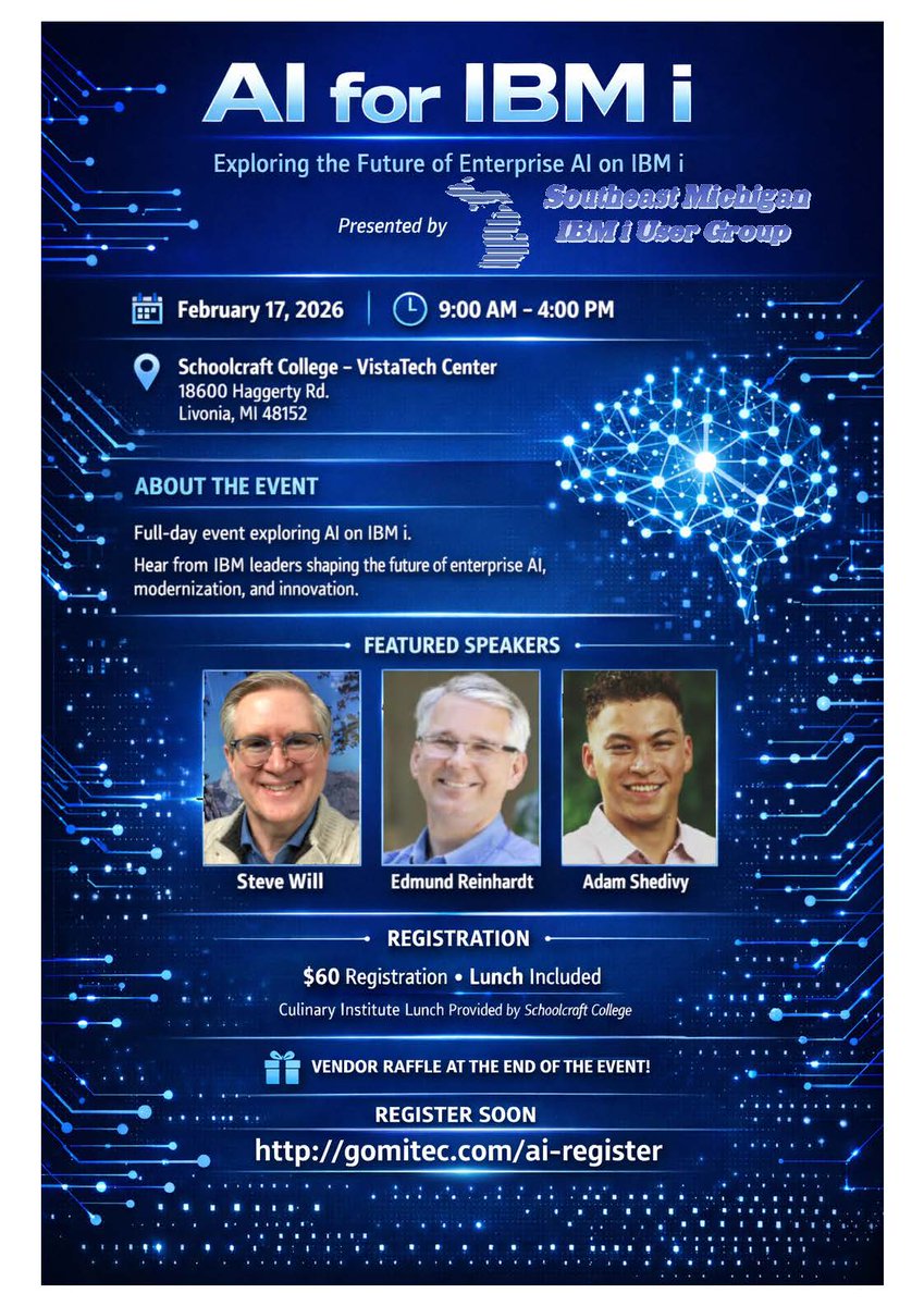 Join the community for AI for IBM i 2026, an educational event all about how AI connects with the IBM i ecosystem 
📅Feb. 17, 2026
📍Livonia, MI, VistaTech Center
👉gomitec.com/ai-register/
#ibm #computing #impowertech #BuckU #DB2 #SQL #IBMPowerSystems #RPGLE #IBMi