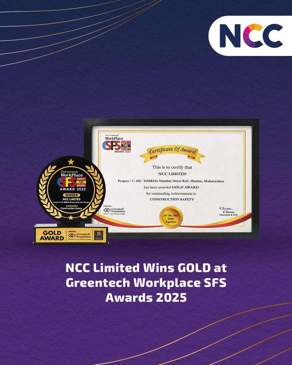 ncc_limited's tweet photo. This recognition is a proud achievement for NCC Limited and reflects the teamwork and discipline demonstrated by the project team in embedding a strong safety-first culture across all operations. #NCCLimited #SafetyAwards #HSE #MumbaiMetro #GreentechFoundation #WorkplaceSafety https://t.co/OZQ4rudTu7