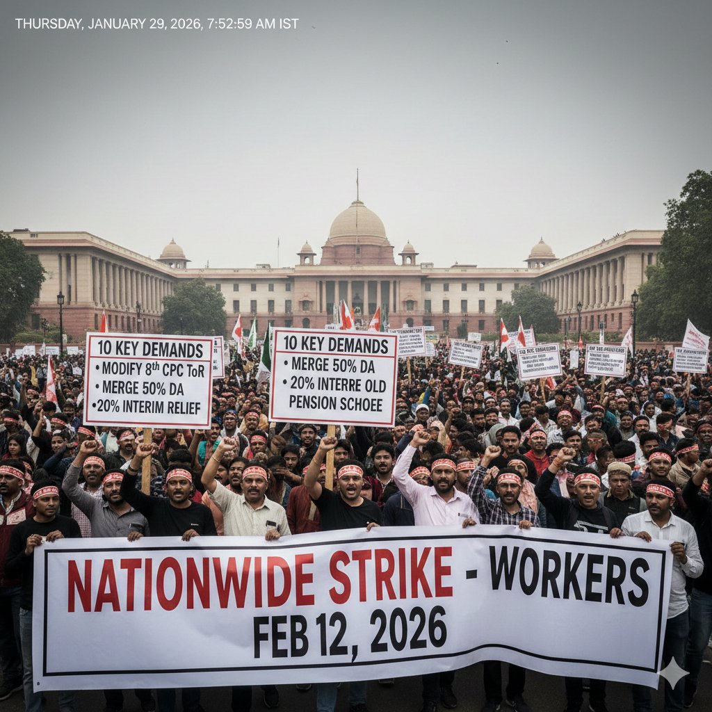 Update:- NATIONWIDE STRIKE has been called by the Confederation of Central Govt Employees &amp; Workers on 12th Feb, 2026 regarding 8th Pay commission.

10 Key Demands🚨:
👉 Modify 8th CPC ToR
👉 Merge 50% DA
👉20% Interim Relief
👉 Restore Old Pension

#8thpaycommission  #OPS