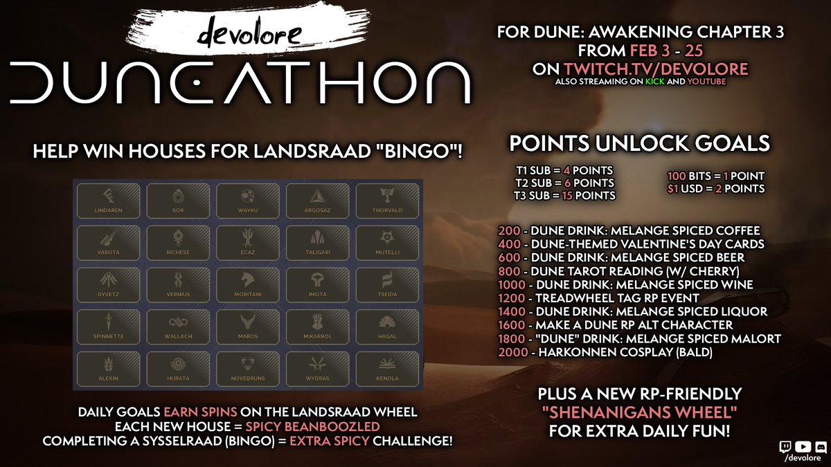 Our chapter 3 DUNEATHON starts tomorrow! Here's a look at some of the fun goals and challenges we have lined up for the next few weeks: