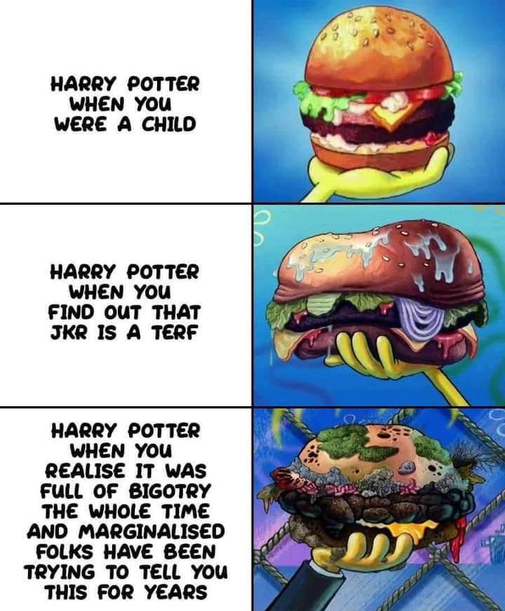 "No trace of transphobic sensitivity"

1. Rita Skeeter - echoes terf logic trope of a man in a dress 
"mannish hands, heavily jawed face, very fake nails and hair."

2. Voldemort - trans allegory for medical transition. 
First murder done in the girls bathroom. 
"Dead name trope,