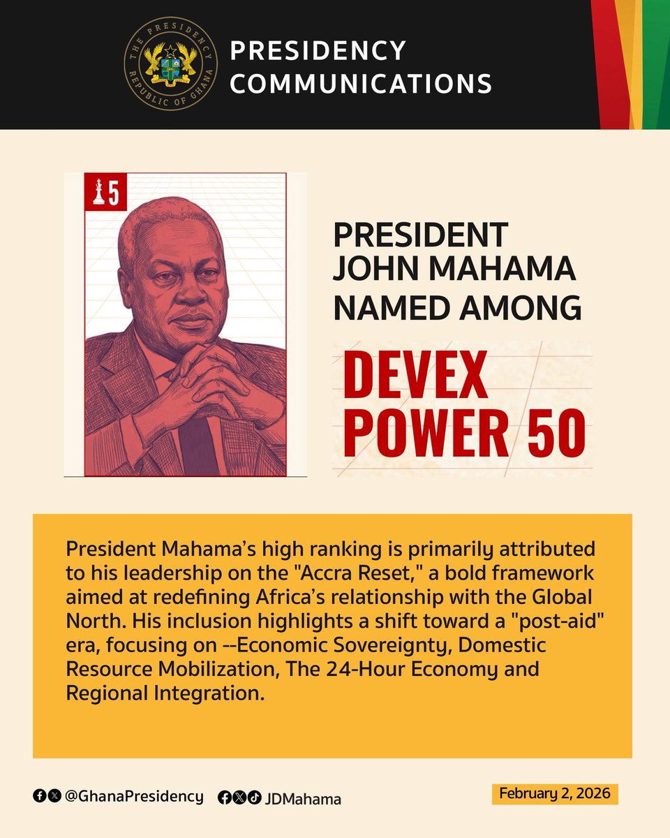 President John Dramani Mahama has been recognised on a list of the 50 most powerful people in the world of development and changemaking for championing the Accra Reset. 

#ResettingGhana
#MahamaThePresident
