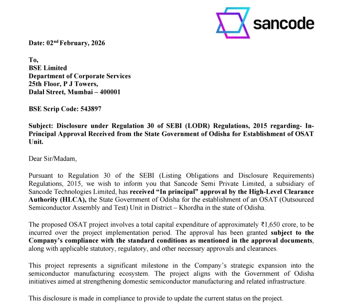 vijayanand_off's tweet photo. A 50Cr Mcap company has got approval to establish OSAT facility in Odisha with capex of 1650Cr.

But hardly any Semicon veterans are onboarded.
#Sancode https://t.co/mBBmxNUfdJ