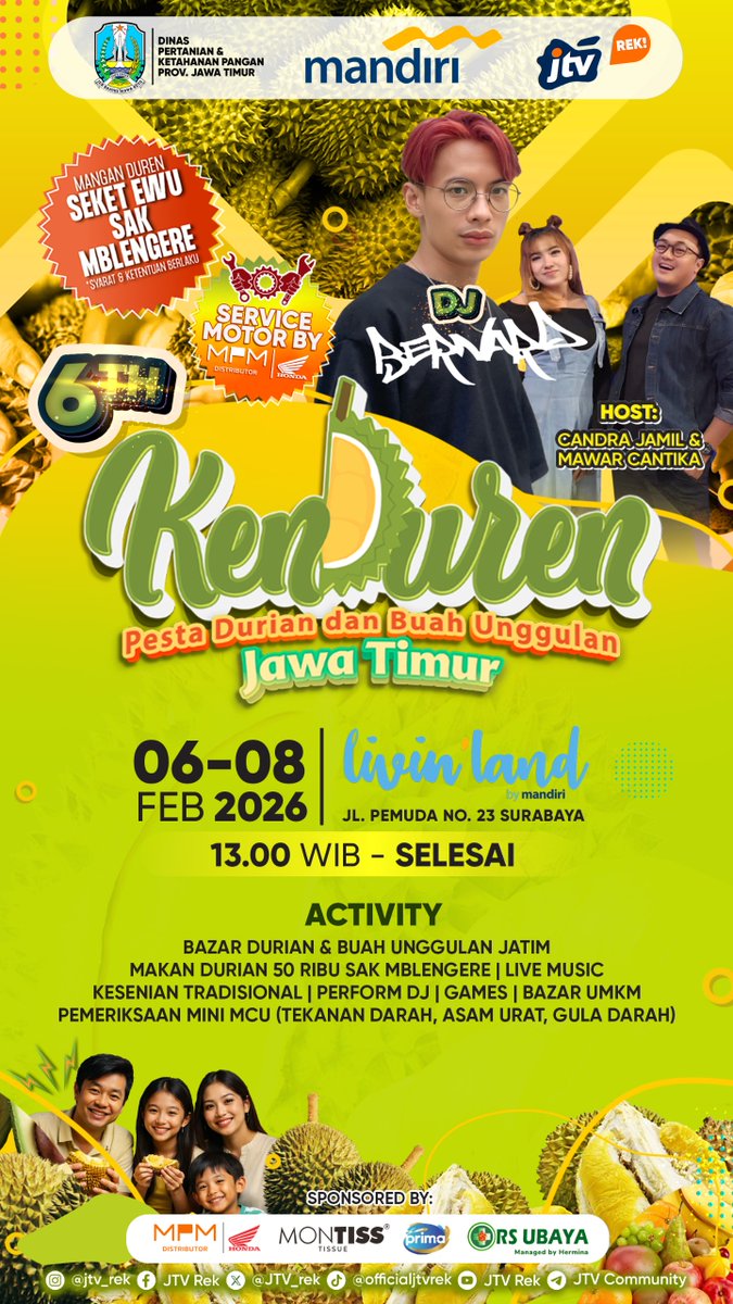 Monggo datang ke Kenduren 2026, tanggal 6 s.d. 8 Februari 2026, di Livin Land, Jalan Pemuda 23 Surabaya
#durian #festival #festivaldurian #surabaya