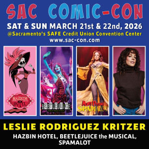 SacAnime's tweet photo. Please welcome Leslie Rodriguez Kritzer to Sac Comic-Con!
@lesliekritzer has starred in #SPAMALOT, #BEETLEJUICE, #TheFirstLady. Broadway: Something Rotten!, #Elf, Sondheim on Sondheim, #LegallyBlonde, A Catered Affair (Drama Desk nomination), and #Hairspray, and #HazbinHotel. https://t.co/AJtd1cjZ6l