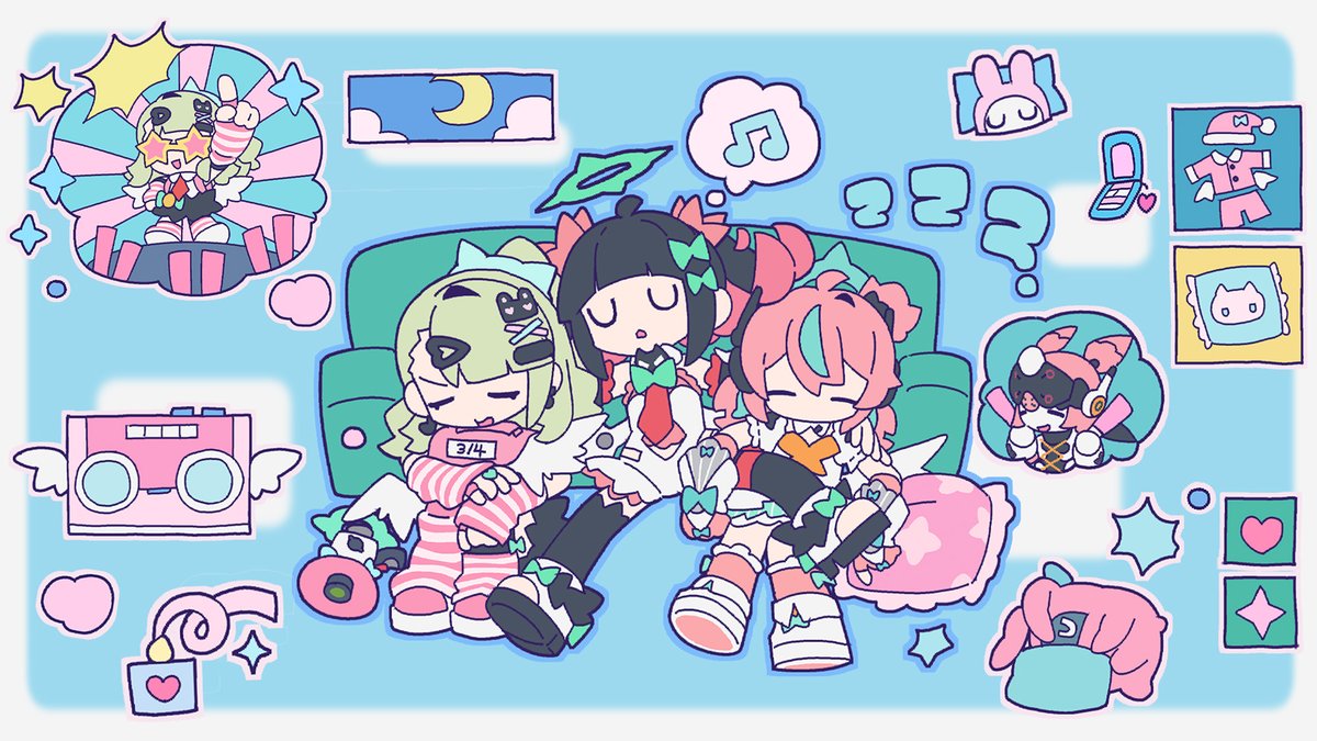 🖤
믿음직한 멘토가 말하길, 안무와 보컬 연습도 중요하지만 푹 쉬는 것 또한 빼놓을 수 없는 「스케줄」 중 하나랬어!
열심히 연습한 뒤에는 잠도 잘 오고, 달콤한 꿈도 꿀 수 있지~

예상하건대, 수나는 분명 또 슈퍼스타가 되는 꿈을 꿨을 거고… 아리아는 아마 또 귀여운 아이돌을 응원하는 꿈을