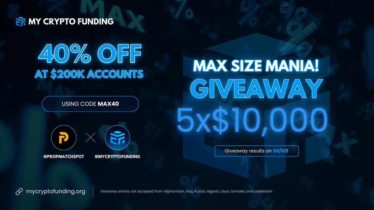 5 x $10,000 Giveaway from <a href="/MyCryptoFunding/">My Crypto Funding</a> 

MAX40 for 40% OFF at 200k accounts

Rules:

1. Follow  <a href="/propmatchspot/">Prop Match Spot</a> <a href="/MyCryptoFunding/">My Crypto Funding</a> <a href="/muthaiah4x/">𝗭𝝨𝗡𝗜𝗧𝗦𝗨 🔱</a> <a href="/proptrustzone/">Prop Trust Zone</a> 
2. Like, Retweet and Tag 3 friends
3. join Our Discord- discord.gg/rTQb6C5rDM

Winners in 72 Hours 🎁🚀