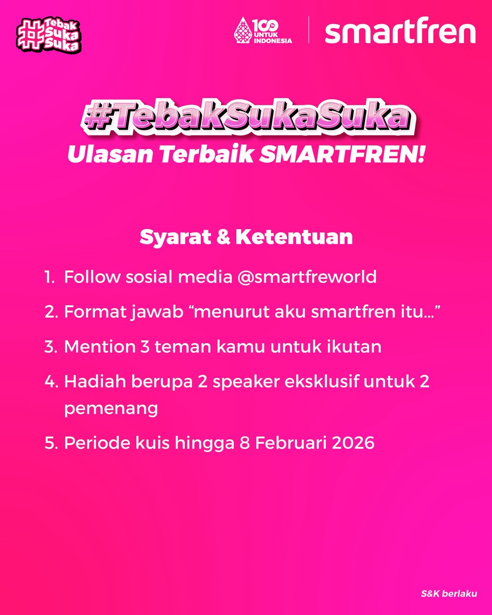 #TebakSukaSuka Ulasan Terbaik SMARTFREN! 🩷

Ayo kasih ulasan terbaik kamu dengan mengikuti mekanisme di slide 2! Semoga beruntung! 🙌🏻