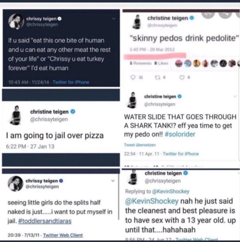 HappyHorseGirl1's tweet photo. @ninoboxer Like these?
Chrissy Teigen is a pedophile.
The end. https://t.co/JITJZg99Jb