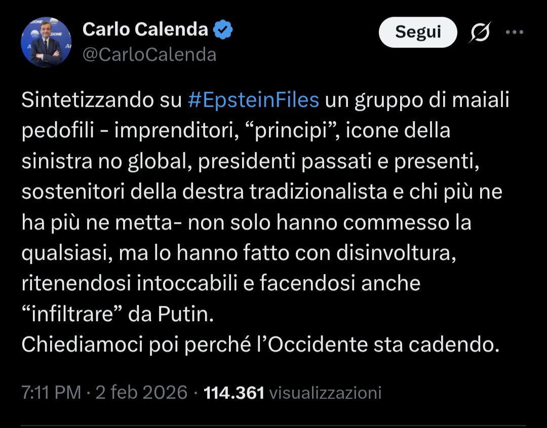 È riuscito nell'impresa titanica di non nominare 1) né Israele, onnipresente nei files 2) né il Gran Capo dei Riformistih, Mandelson, venerato in Italia come il Papa, che passava informazioni riservate al trafficante pedofilo.

Solita masterclass di <a href="/CarloCalenda/">Carlo Calenda</a>.
