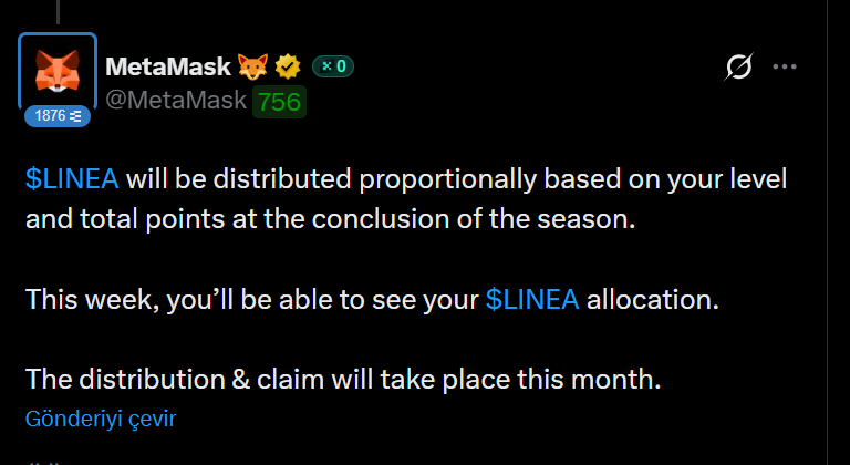 coinkritik's tweet image. $LINEA ödülleri yakında dağıtılacak #Metamask Sezon 1 için. $LINEA 300m FDV'ye kadar düşmüş bakalım nasıl bir dağılım olacak. Puanınızı Metamask'ın ödüller kısmına tıklayarak görebilirsiniz.