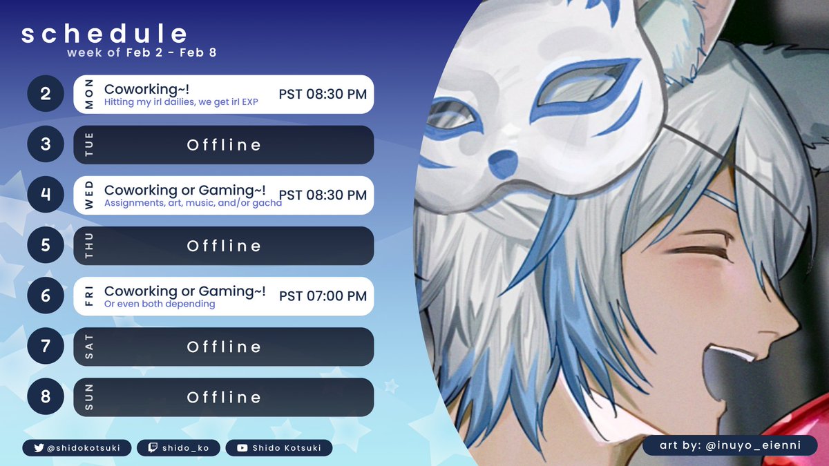 .✦ ݁˖ updated schedule for this week~! 2/2-2/8 .✦ ݁˖   

ty for 400 followers on twitch yippee!! and hopefully i get over my sickness more during the weekend!

🗓️: @/chrone_co
📷: twitch.tv/shido_ko