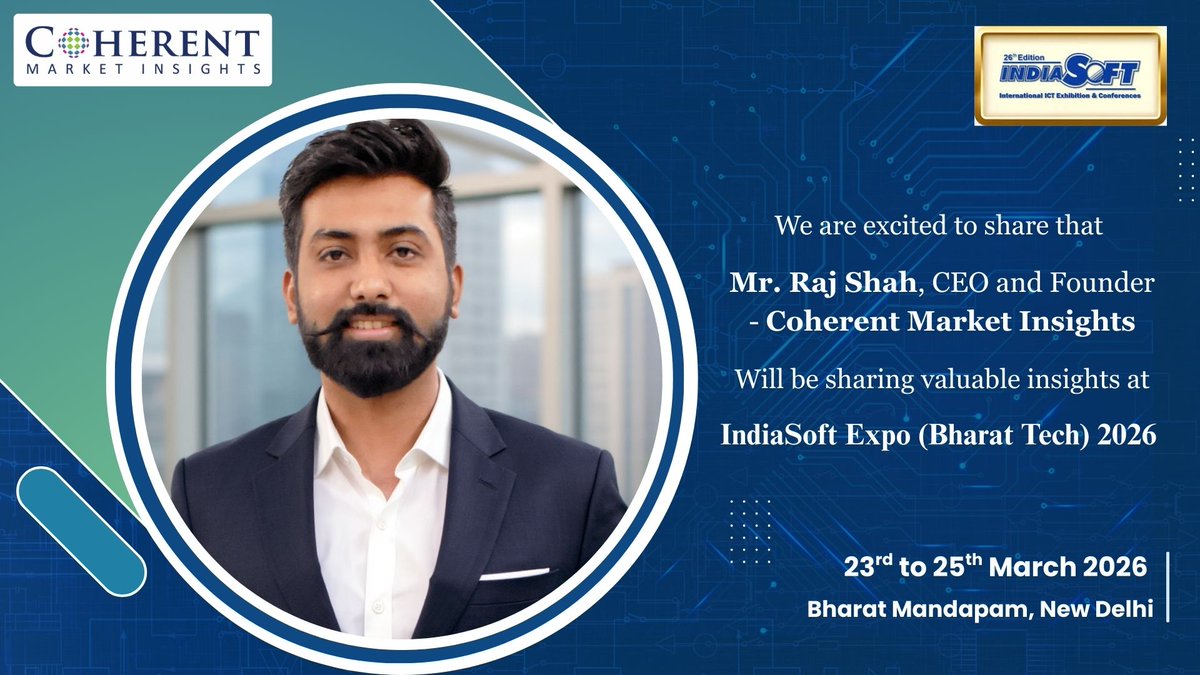 <a href="/CoherentMI/">Coherent Market Insights</a> is proud to be the Knowledge Partner for IndiaSoft Expo (Bharat Tech) 2026, organized by Electronics and Computer Software Export Promotion Council (ESC)..

📆 23–25 March 2026
📍 Bharat Mandapam, New Delhi

indiasoft.org

#CoherentMarketInsights